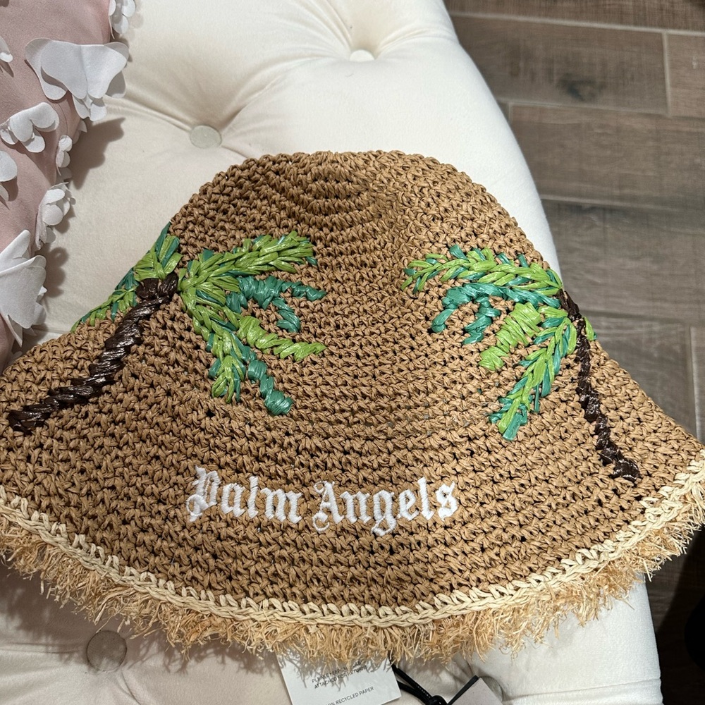 Palm Angels Brown Straw Hat with Green Embroidery